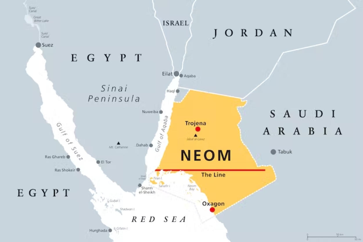 Location of NEOM in Saudi Arabia, the project that includes the linear city The Line.  Photo: The Conversation