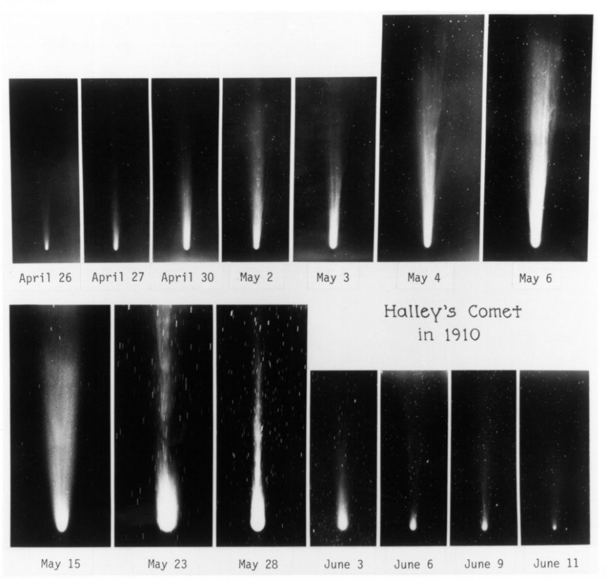 Series of photographs of Halley's Comet between April and June 1910. Photo: NASA / JPL