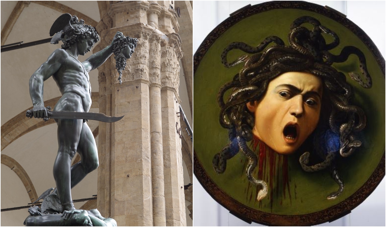 A la izquierda, la escultura de Cellini. A la derecha, la pintura de Caravaggio. Ambas obras retratan a Medusa, vehículo que utilizan para representar el podería de la familia de Medici en Florencia. Foto: composición La República