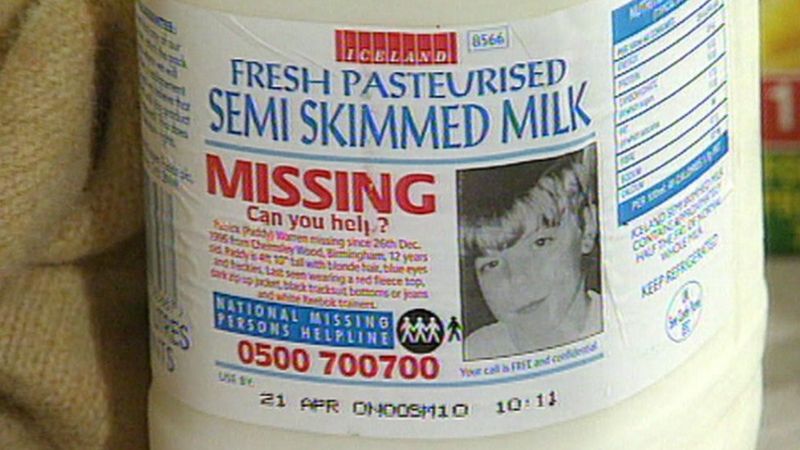 Photograph of Patrick Warren missing in a milk carton.  Photo: BBC