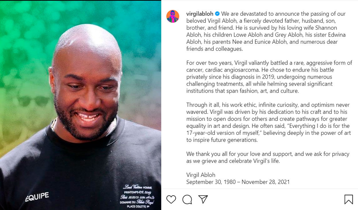 Virgil Abloh, diseñador de Off White y Louis Vuitton, muere a los