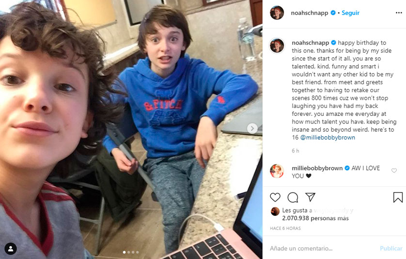  Instagram  Millie Bobby Brown, por su cumpleaños, recibe saludo de actor de Stranger Things Noah Schnapp