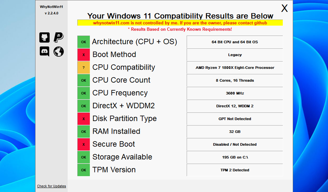 Gracias a WhyNotWin11 podrás saber si un componente es o no es compatible con Windows 11. Foto: GitHub