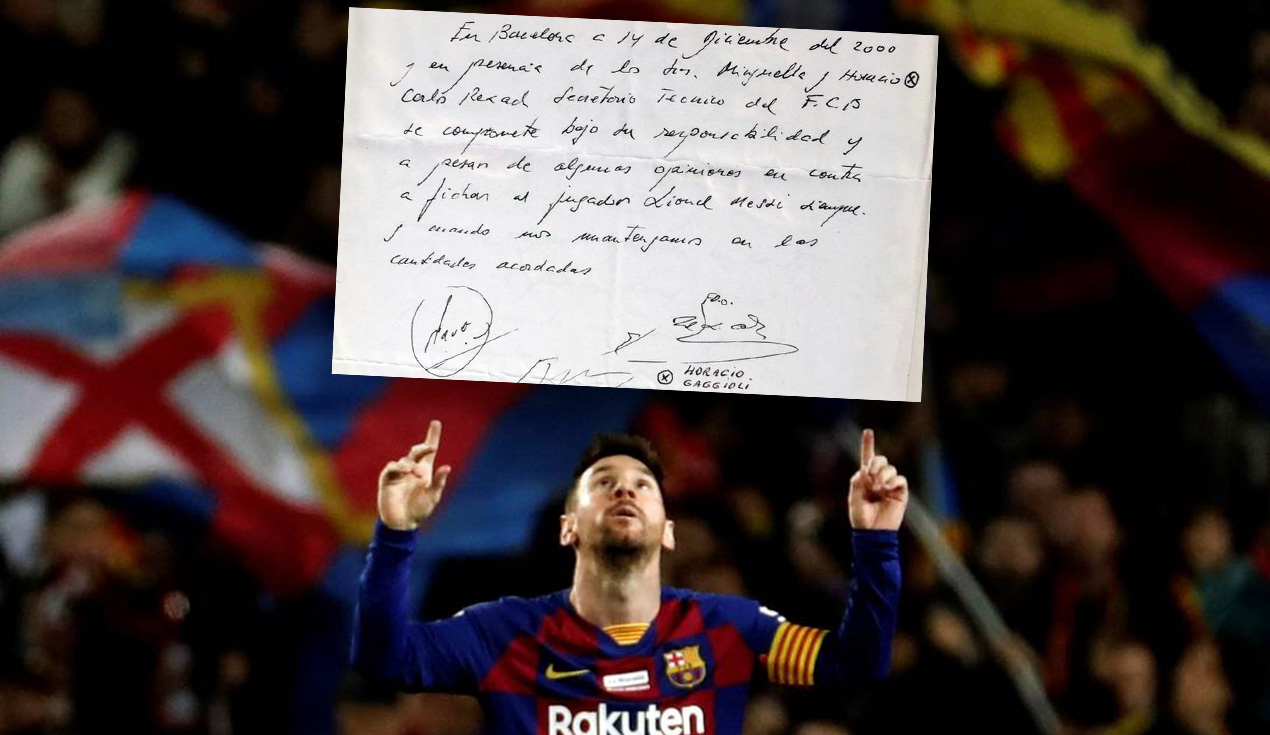 La famosa servilleta que aseguró el fichaje de Lionel Messi para el FC Barcelona. Foto: composición/EFE/Difusión