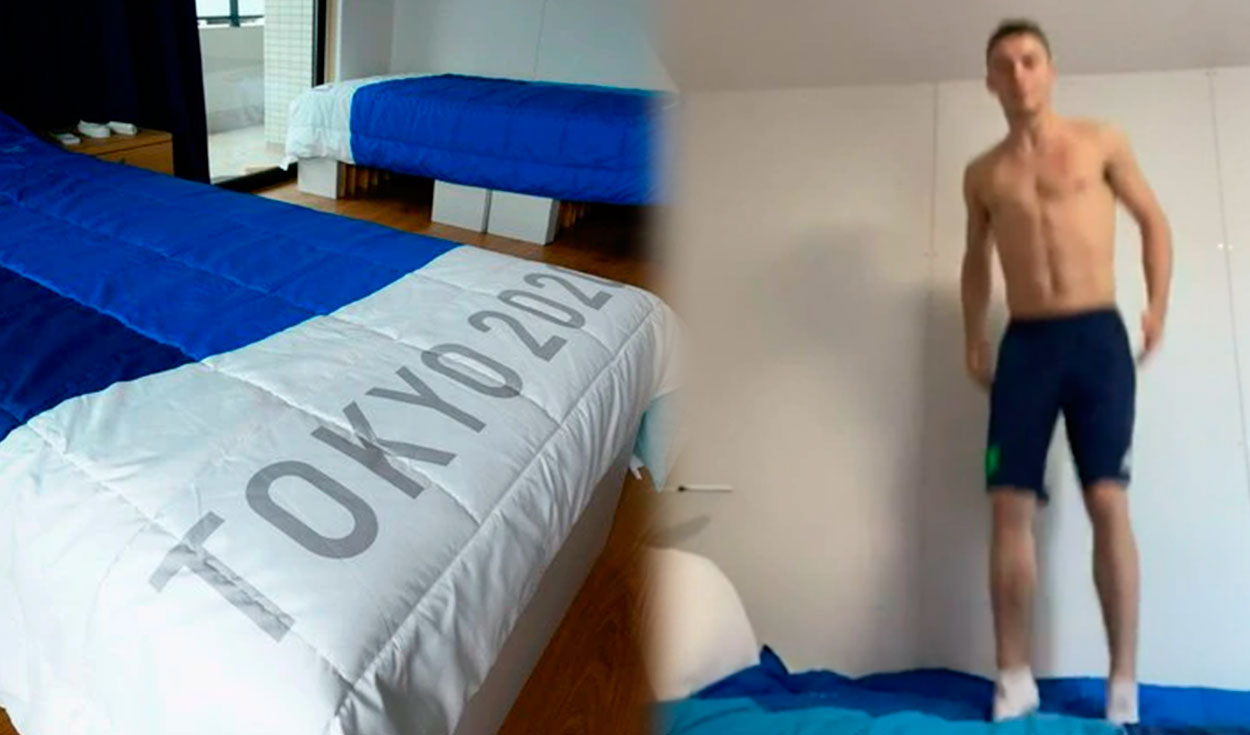 Atleta norirlandés se puso a brincar en las camas antisexo. Foto: AFP/composición
