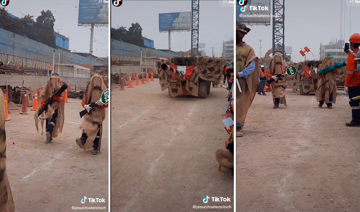 Los trabajadores convirtieron palas, máquinas excavadoras y palas en ‘armamento militar’. Foto: captura de TikTok/@jesucitoatencioch
