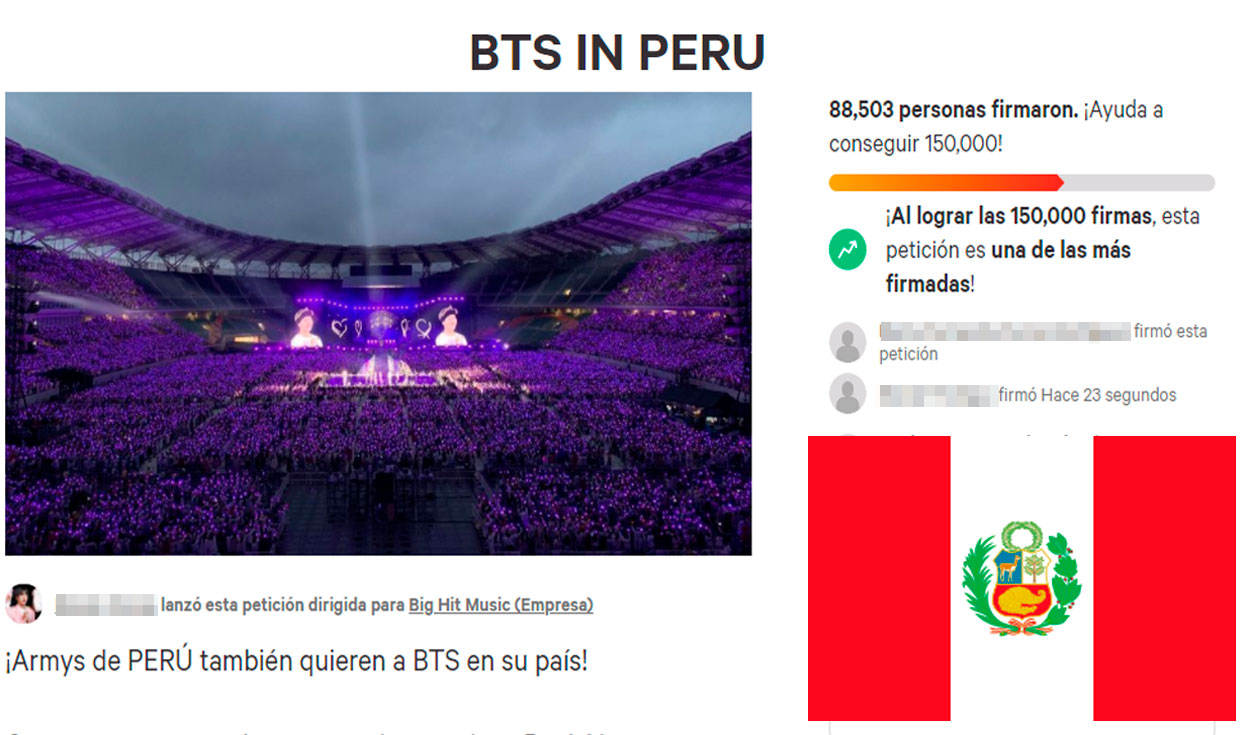 150.000 firmas para un concierto de BTS en Perú. Foto:  captura change.org