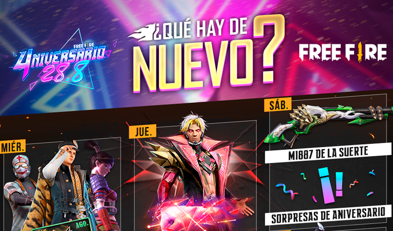 Esta es la última agenda semanal de agosto para Free Fire. Conoce todo lo que llegará al juego por su cuarto aniversario. Foto: Garena