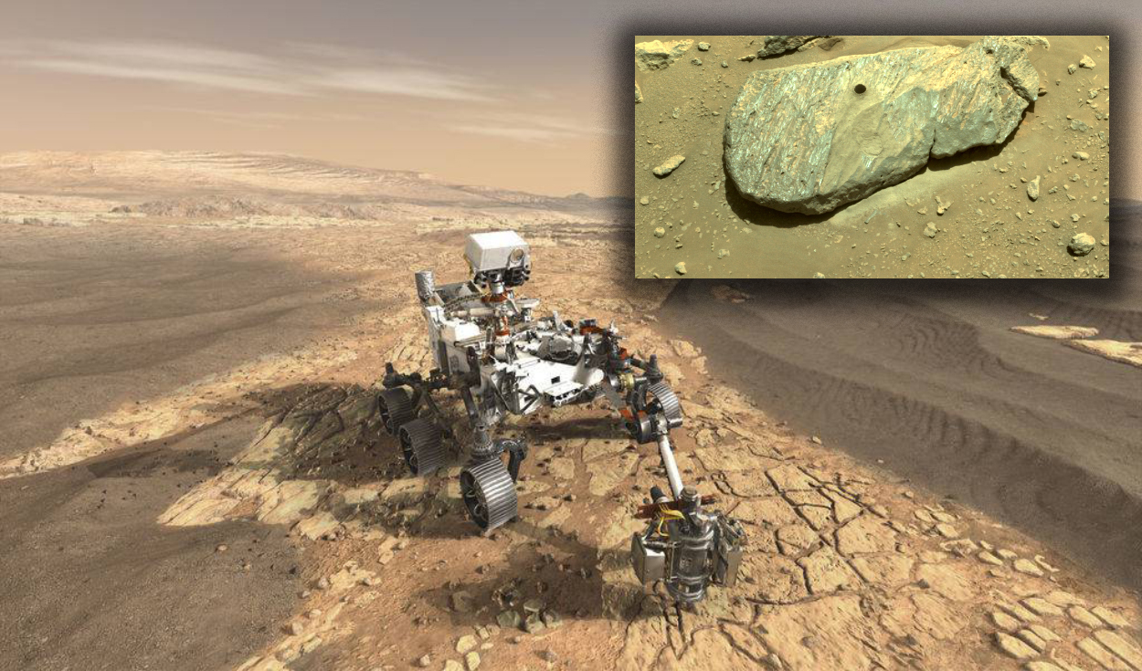 Ilustración del rover Perseverance en la superficie de Marte. A la derecha, el fragmento de roca. Foto: Composición LR / NASA / JPL-Caltech