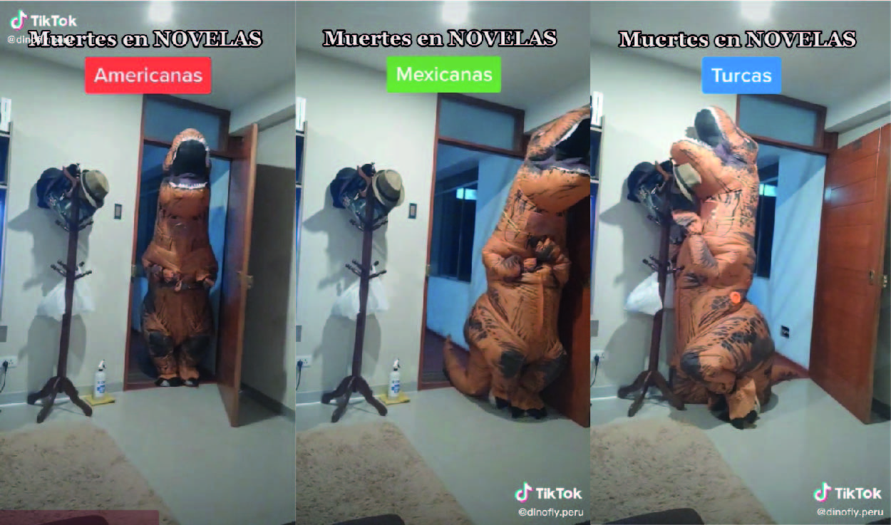 Dramáticas escenas representadas por una persona vestida de Dinosaurio causa sensación. Foto: captura de TikTok
