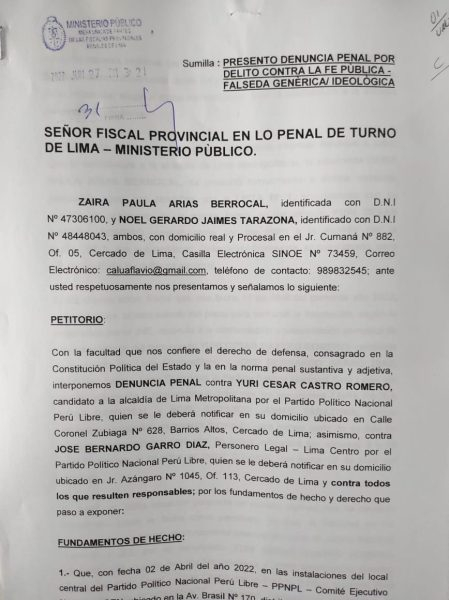 Imagen de la denuncia penal contra Yuri Castro y José Garro Díaz. Foto: captura