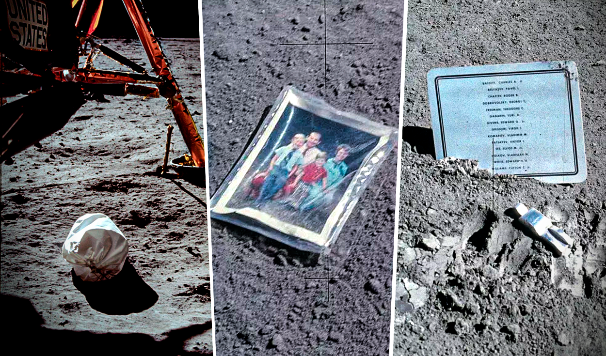 Durante las misiones del programa Apolo, los astronautas dejaron distintos objetos en la superficie de la Luna. Foto: composición de Gerson Cardoso / La República / NASA