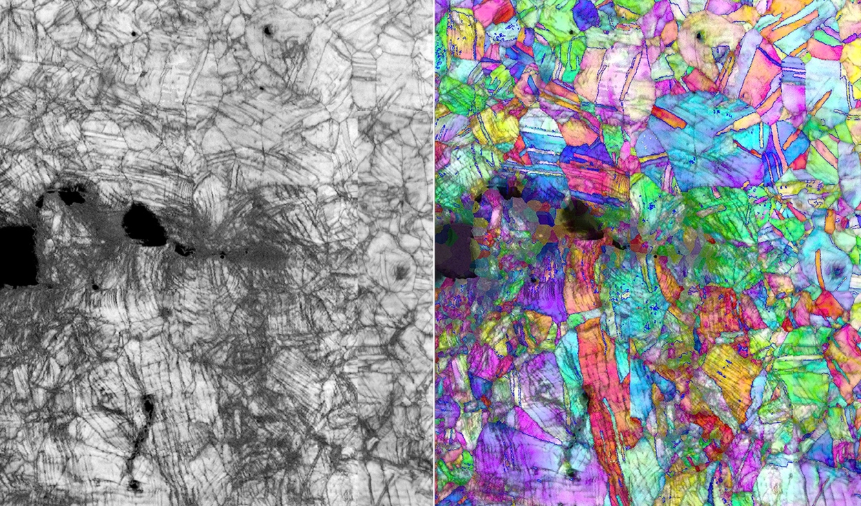 Imágenes generadas en microscopía que muestran la fractura de la aleación de CrCoNi a escala nanométrica. Foto: Robert Ritchie / Berkeley Lab