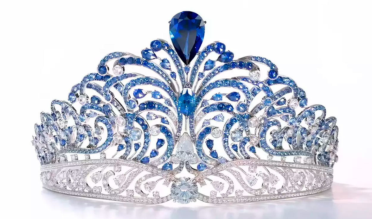 La actual corona de Miss Universo está hecha con zafiros azules y diamantes blancos. Foto: Miss Universo