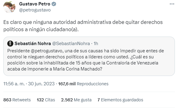 María Corina Machado: Main political leaders speak out against the disqualification of María Corina Machado |  Primaries 2023 |  Venezuela |  Gustavo Petro
