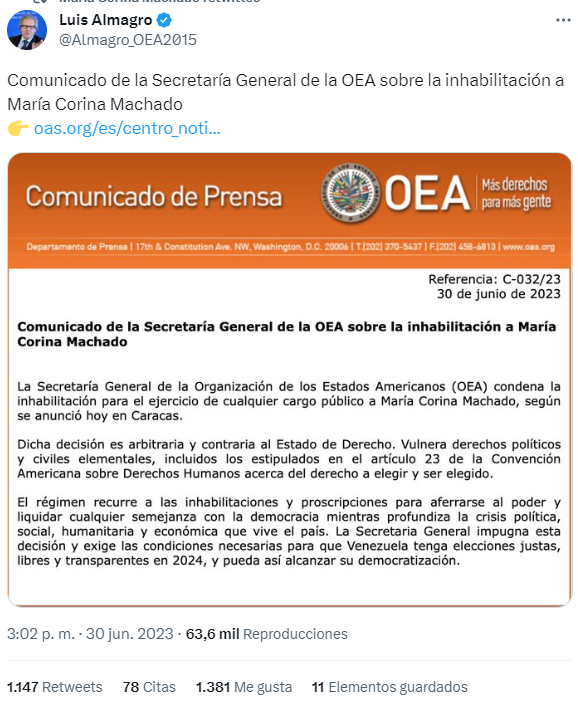 María Corina Machado: Main political leaders speak out against the disqualification of María Corina Machado |  Primaries 2023 |  Venezuela |  OAS