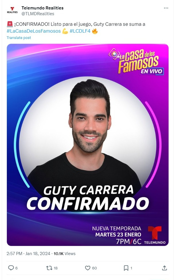 Guty Carrera is presented as the new jale of ‘The House of the Famous