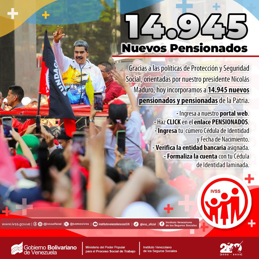 El Gobierno de Maduro certificó a 14.945 nuevos pensionados del seguro social. Foto: Somos IVSS/X