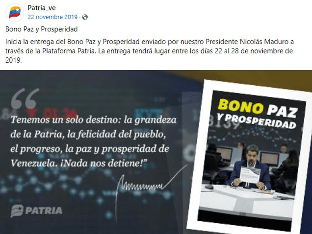 El Bono Paz y Prosperidad llegó el 22 de noviembre de 2019. Foto: Patria/X