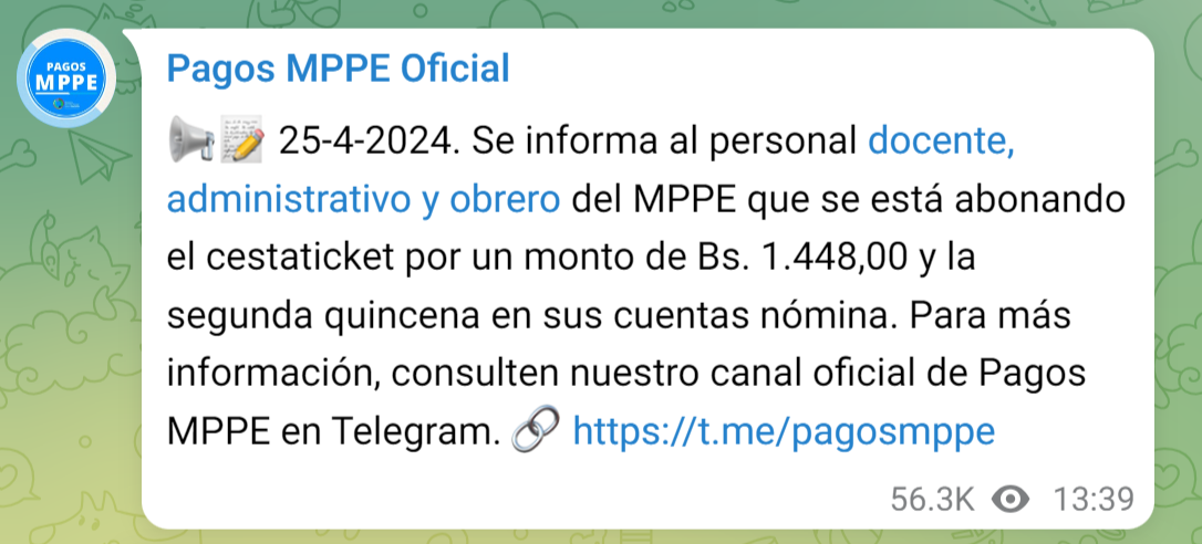 El pago del Cestaticket llegó el 25 de abril. Foto: Pagos MPPE/Telegram
