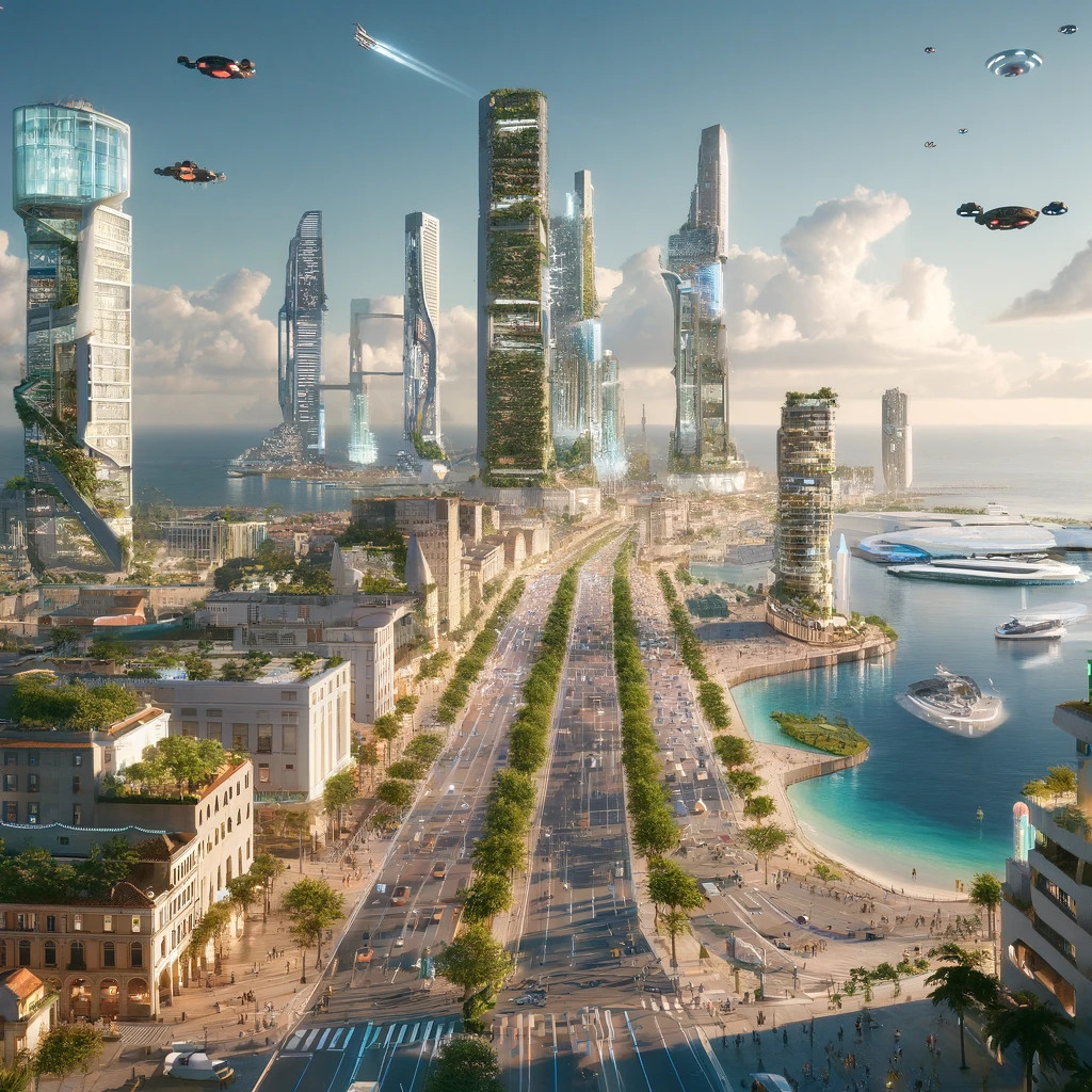 A futuristic view of Cartagena, Colombia in the year 3000. The city skyline is transformed with towering, sleek skyscrapers featuring a blend of modern and traditional Colombian architectural styles. The oceanfront is dominated by advanced marine structures, including floating buildings and artificial islands. Streets are bustling with flying cars and robots assisting pedestrians. Lush green spaces are integrated throughout the city, with vertical gardens covering many buildings, maintaining a balance between technology and nature. The sky is dotted with drones and holographic displays, showing the vibrant and technologically advanced future of Cartagena.