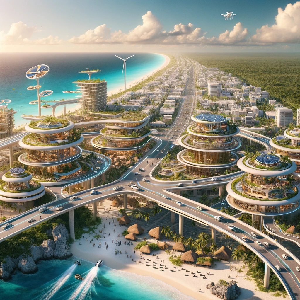 A futuristic vision of Tulum, Mexico in the year 3000. The city combines advanced eco-friendly technology with its rich Mayan heritage. The architecture features sustainable materials and designs, with solar panels and wind turbines integrated into traditional Mayan motifs. Elevated pathways connect the city, preserving the natural landscape below. Autonomous electric vehicles and bicycles are the main modes of transport. The coastline is protected by advanced barrier systems, preventing erosion and promoting marine biodiversity. The skies are clear, and drones monitor environmental health, highlighting Tulum's commitment to preserving its natural beauty and cultural heritage.