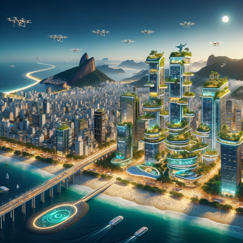 A futuristic vision of Rio de Janeiro, Brazil in the year 3000. The city skyline is transformed by towering eco-skyscrapers that blend modern design with the lush greenery typical of Rio. These buildings are equipped with solar panels and rainwater harvesting systems. The famous beaches like Copacabana are maintained with advanced water purification technologies, ensuring crystal-clear waters. Public transport includes high-speed aerial trams and underwater tunnels connecting different parts of the city. The iconic Christ the Redeemer statue is surrounded by a high-tech interactive museum dedicated to cultural history. The city is vibrant with digital art displays and drone light shows in the night sky, reflecting a celebration of Brazilian culture.