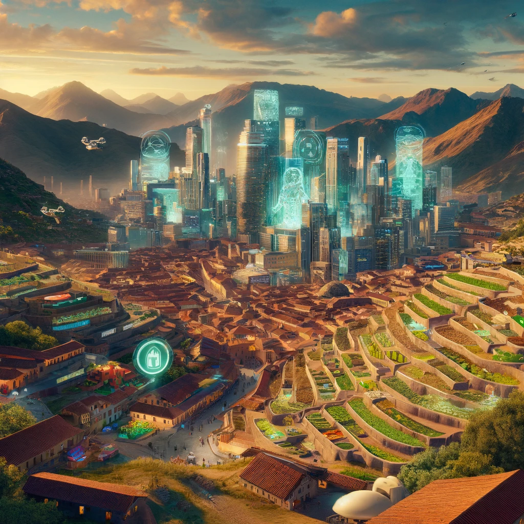 A futuristic vision of Cusco, Peru in the year 3000. The city harmoniously blends ancient Inca architecture with cutting-edge technology. The traditional terraced landscapes are maintained, now featuring advanced agricultural technologies like hydroponics and aeroponics. Skyscrapers with Inca-inspired designs rise above the city, built with earthquake-resistant materials. Public squares are vibrant with cultural holograms and interactive historical exhibits. The streets are filled with autonomous vehicles and drones that assist in daily activities, while preserving the city's historical character. The surrounding mountains are dotted with green energy solutions, like solar farms shaped in Inca symbols.