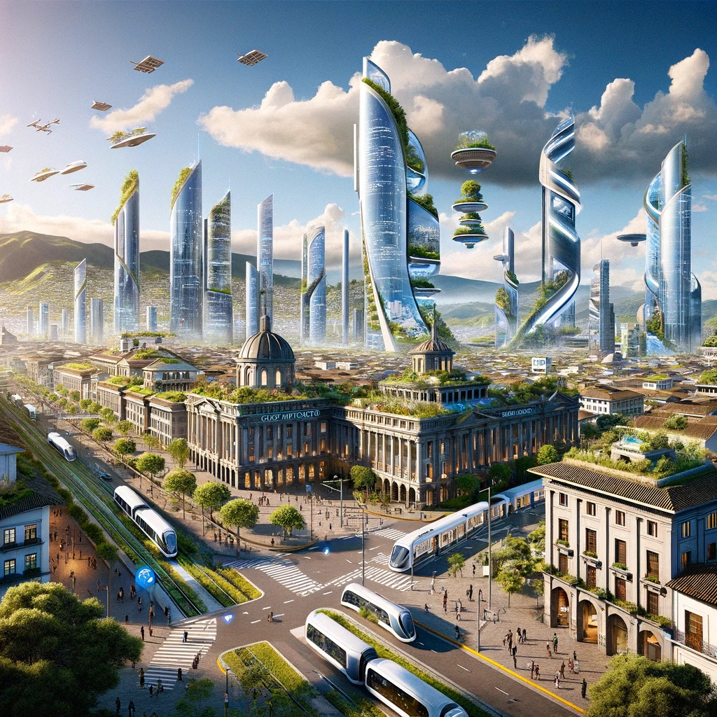 A futuristic vision of Quito, Ecuador in the year 3000. The city is a blend of historic colonial architecture and advanced technology. Skyscrapers with eco-friendly designs tower over preserved colonial buildings, which have been modernized internally while maintaining their external heritage aesthetics. The cityscape includes extensive green roofs and vertical gardens, promoting biodiversity. Public transport is highly efficient, featuring magnetic levitation trains and electric buses. The historic center is a pedestrian-only zone with interactive digital museums and cultural displays. Renewable energy sources, such as solar and geothermal, power the city, demonstrating Quito's commitment to sustainability and its rich cultural heritage.