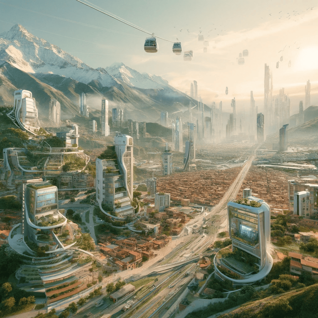 A futuristic vision of La Paz, Bolivia in the year 3000. The cityscape is transformed by high-altitude architecture designed to cope with the mountainous terrain. Buildings are built with lightweight, yet sturdy materials that adapt to the city's unique topography. Advanced transportation systems, like cable cars and vertical elevators, connect different elevations seamlessly. The air is clean, thanks to widespread use of renewable energy sources like wind and solar. Green spaces and public parks are abundant, integrated into residential and commercial areas to maintain a balance with nature. The cultural heritage of the city is preserved in digital archives accessible to all, showcasing the rich history of La Paz.
