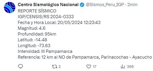 Temblor en Ayacucho mayo 2024