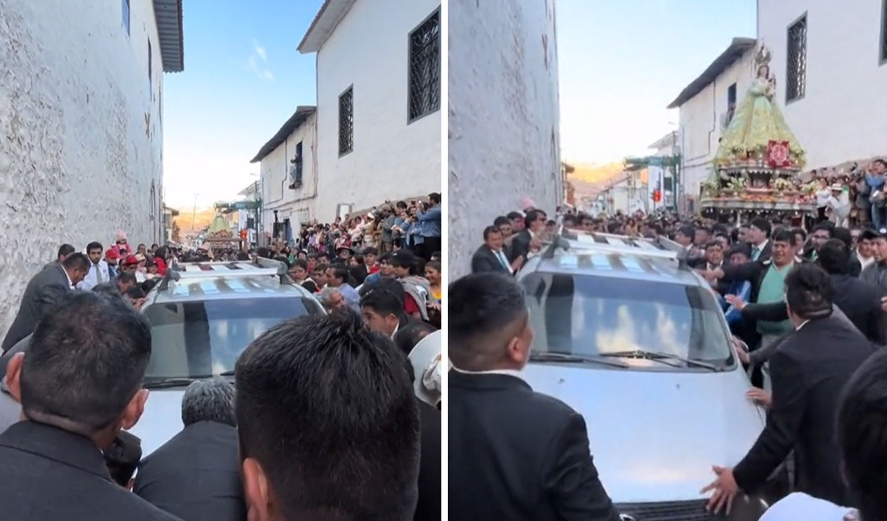 
                                 Peruanos cargaron auto estacionado durante procesión de Pentecostés: 