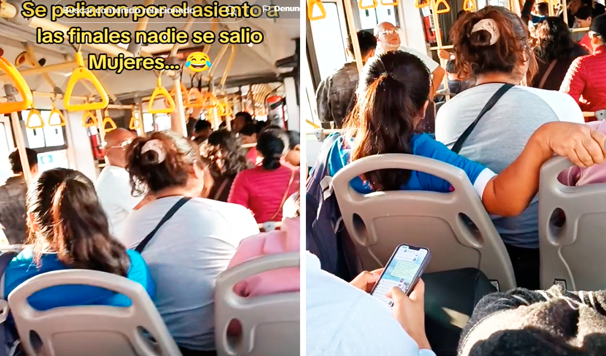 
                                 Mujeres se disputan asiento en bus público en Lima y usuarios bromean: “Apretadas, pero jamás derrotadas” 
                            