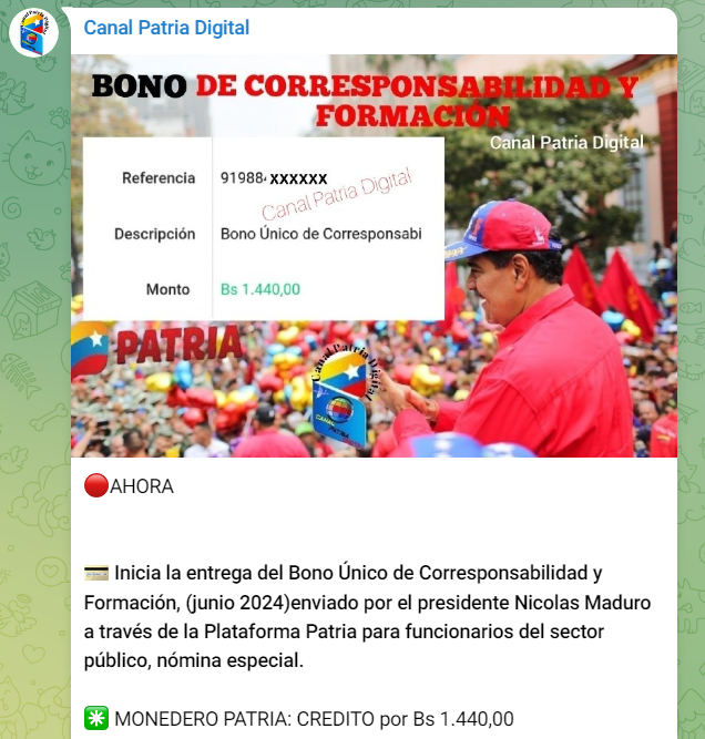 El Bono Único de Corresponsabilidad y Formación se pagó el 3 de junio. Foto: Canal Patria Digital/Telegram
