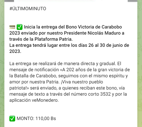El Bono Victoria de Carabobo 2023 llegó como el Segundo Bono Especial de junio. Foto: Canal Patria Digital/Telegram