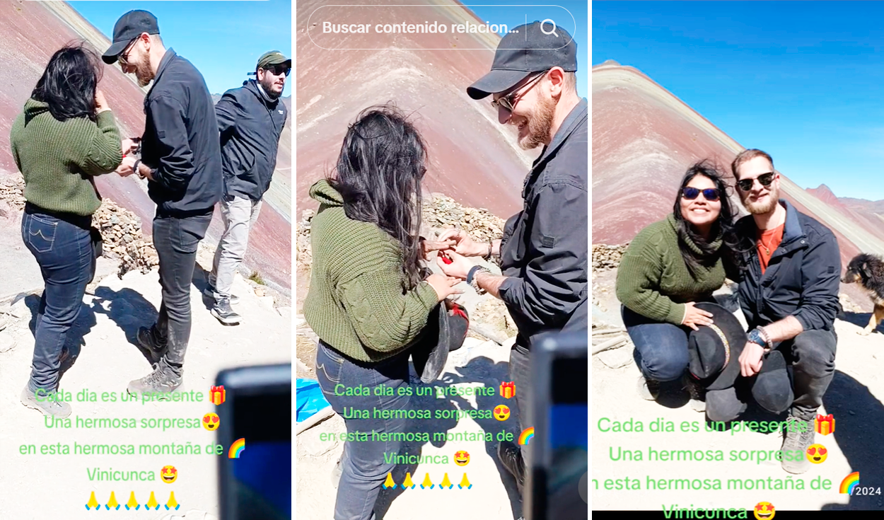 
                                 Extranjero llega a la Montaña de 7 Colores en Cusco y sorprende a su novia peruana con anillo de compromiso 
                            