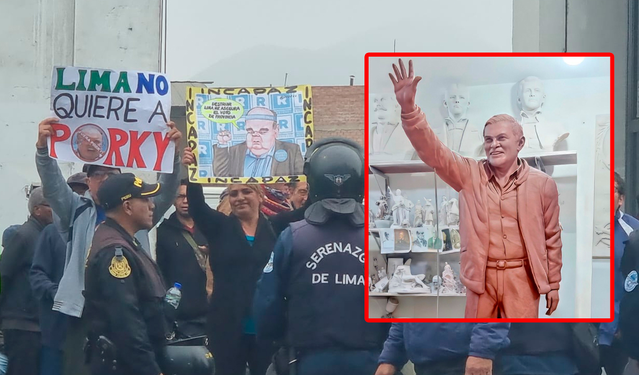 
                                 Ciudadanos protestan contra Rafael López Aliaga durante develación de estatua de Luis Castañeda Lossio 
                            