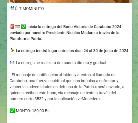Ya se pagó el Segundo Bono Especial de junio 2024. Foto: Canal Patria Digital/Telegram