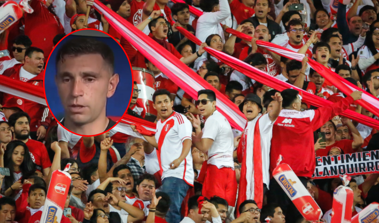 
                                 ‘Dibu’ Martínez y su ‘chiquita’ a la hinchada peruana que asistió al estadio en el Perú vs. Argentina 
                            