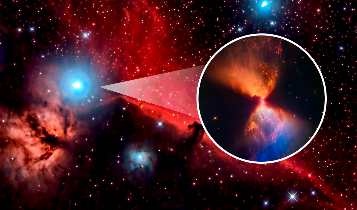 
                                 Telescopio James Webb de la NASA capta un misterioso 'reloj de arena' en el despertar de una estrella 
                            