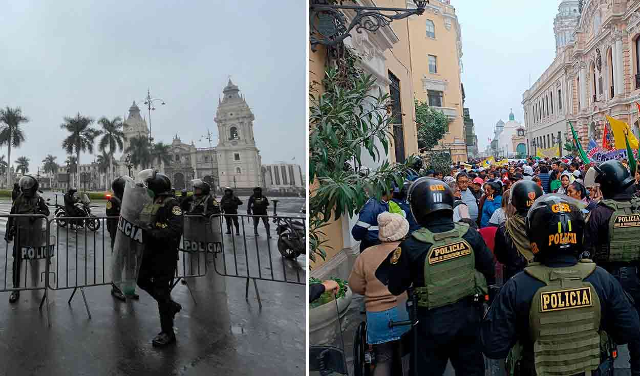 
                                 Cierran plaza de Armas por protestas contra López Aliaga: trabajadores marchan en centro histórico 
                            