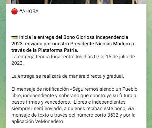 En 2023, el Bono Gloriosa Independencia se pagó el 7 de julio. Foto: Canal Patria Digital/Telegram