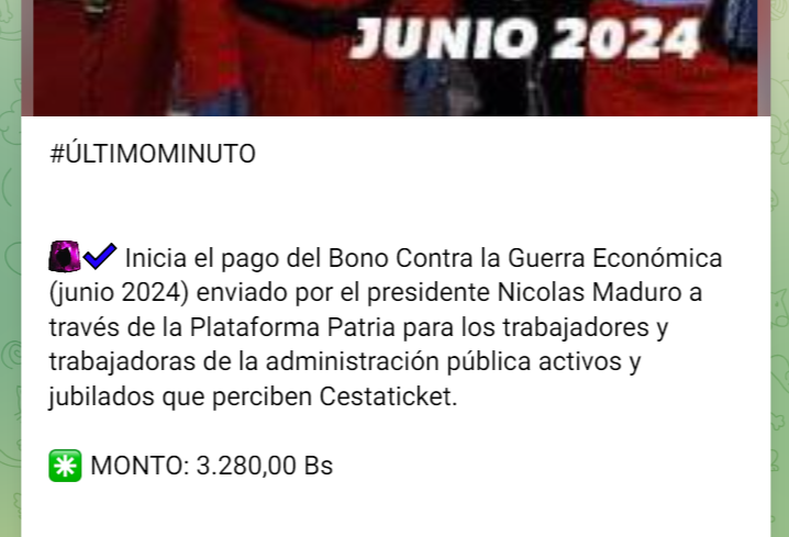 El mes pasado, el primer pago del Bono de Guerra llegó el 14 de junio. Foto: Canal Patria Digital/Telegram