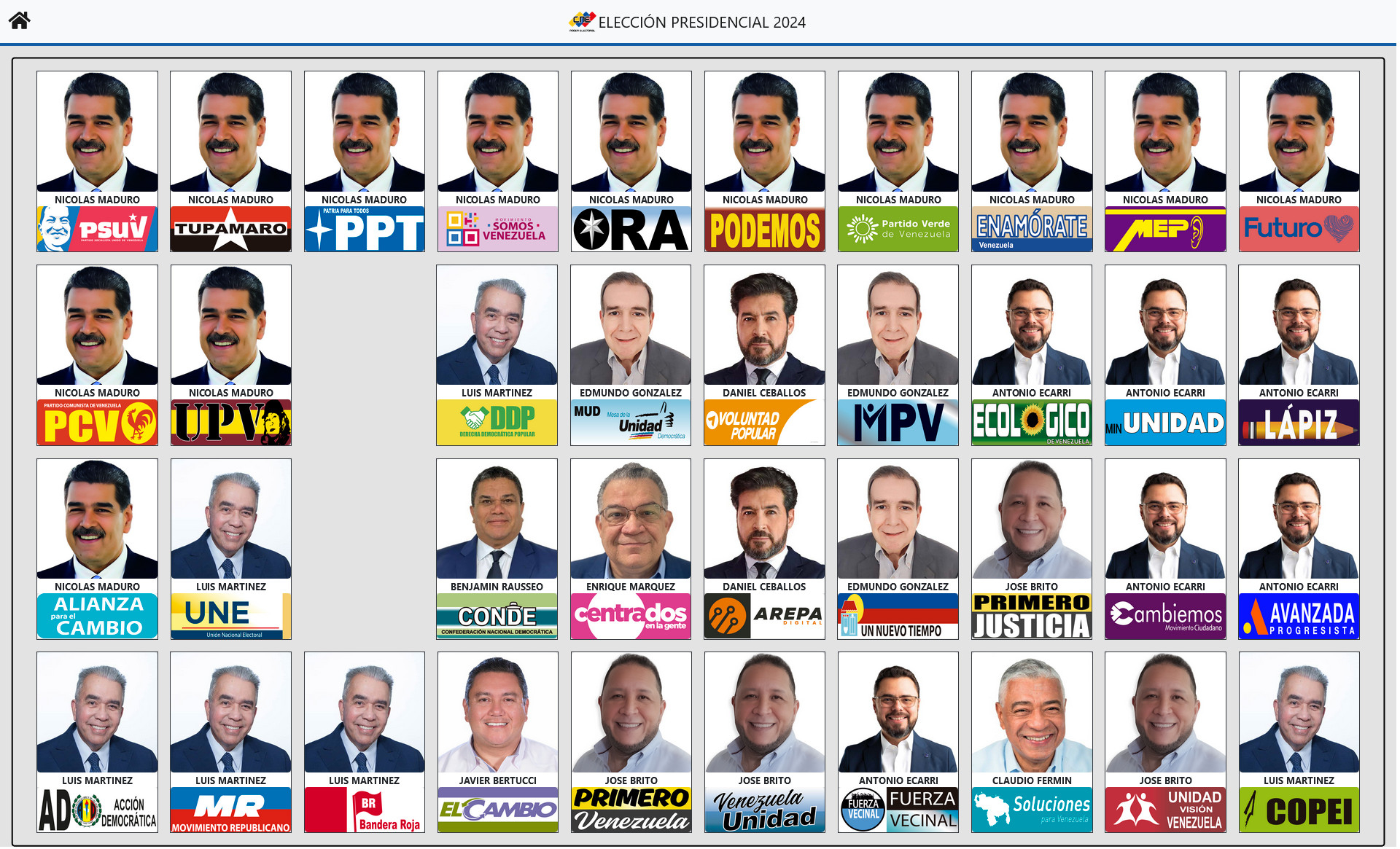 Estos son los candidatos para las elecciones en Venezuela y los partidos políticos a los que representan. Foto: CNE