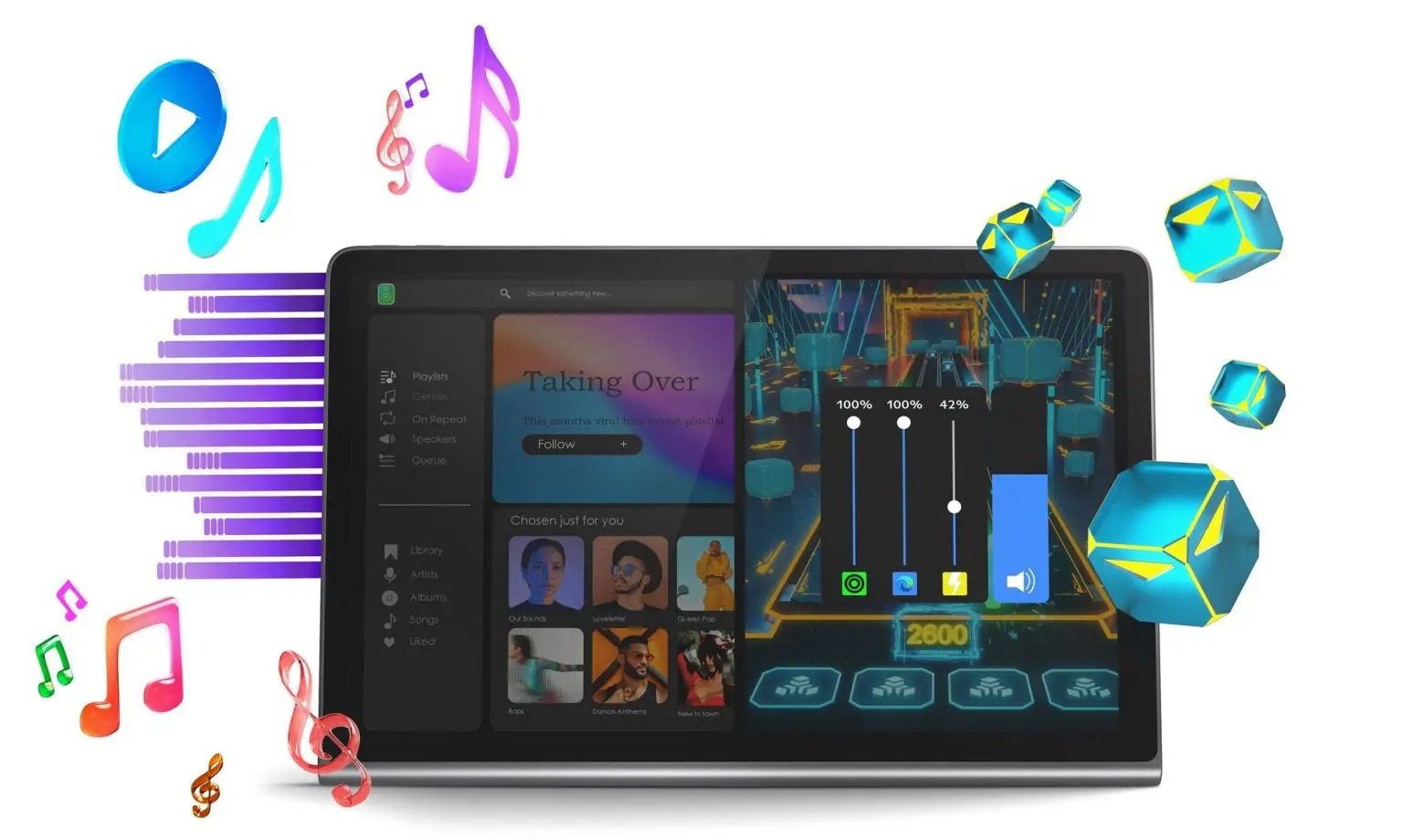 
                                 Disfruta de cada ritmo con Lenovo Tab Plus, la tableta soñada para los amantes de la música con ocho altavoces 
                            