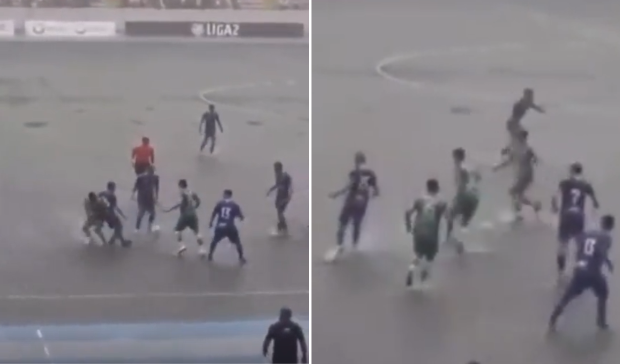 
                                 Liga 2: jugadores disputan un partido en medio de una cancha inundada por fuertes lluvias 
                            