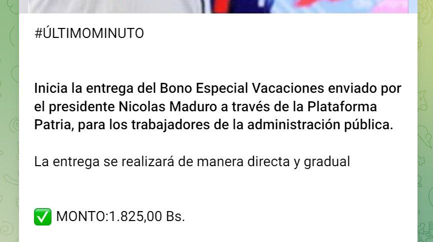 El Bono Especial Vacaciones 2024 llegó el 10 de julio. Foto: Canal Patria Digital/Telegram