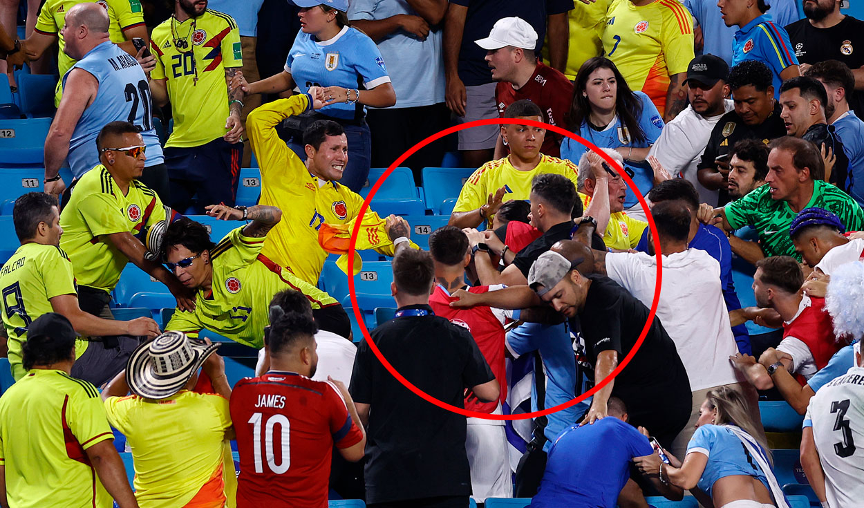 
                                 Jugadores de Uruguay se agarran a golpes con hinchas colombianos tras quedar fuera de la Copa América 
                            