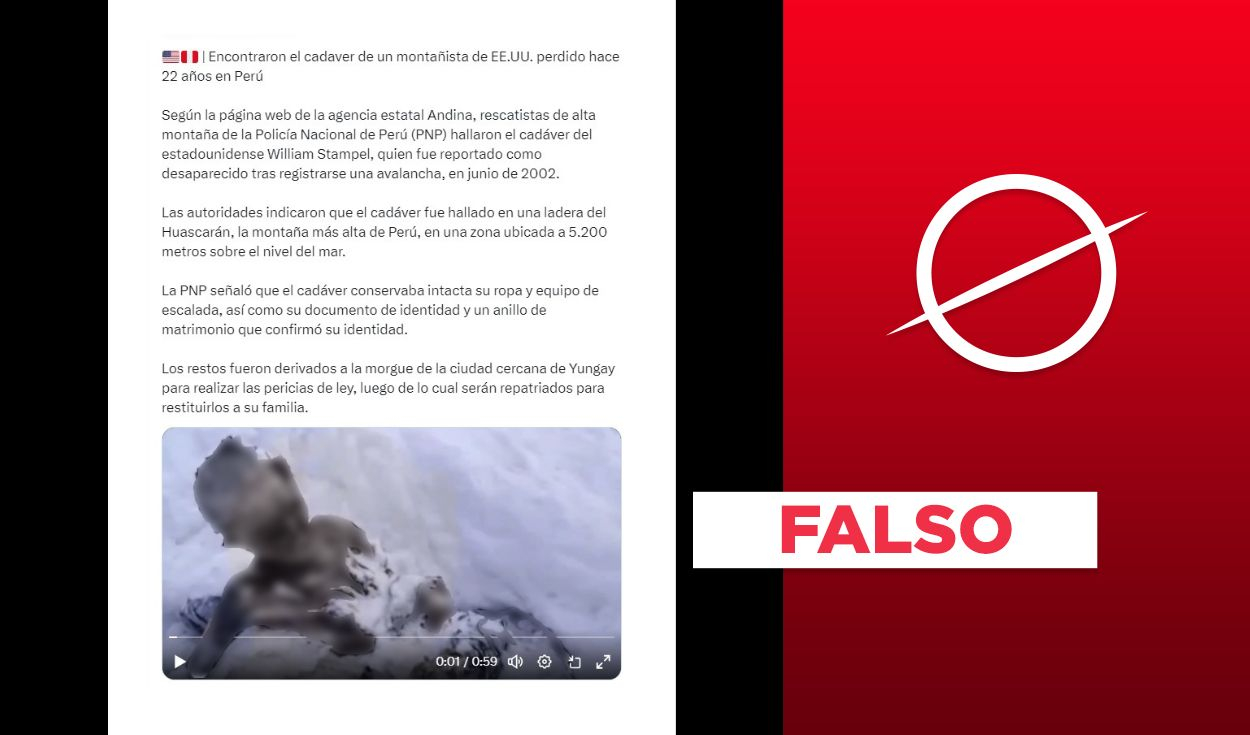 
                                 Video no muestra reciente hallazgo del cuerpo del alpinista de EE.UU. desaparecido en Perú en 2002 
                            