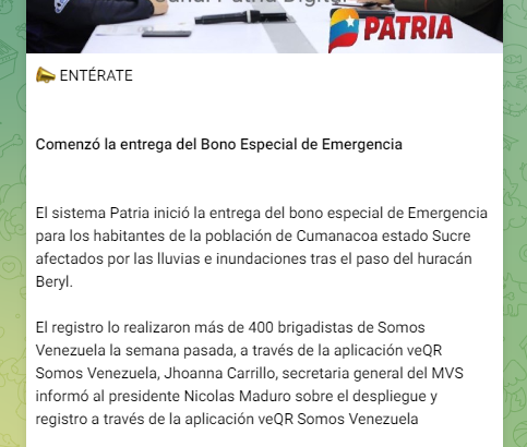 El Bono Especial de Emergencia llegó el 9 de julio. Foto: Canal Patria Digital/Telegram